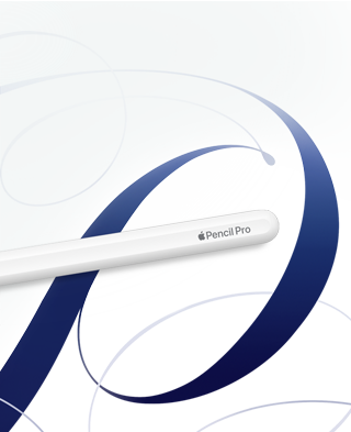 Apple Pencil Pro, Weiß, vor einem weißen Hintergrund mit blauen Wirbeln